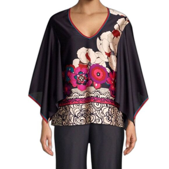 Trina Turk NWOT Agate Black Purple Pink Floral Silky V-Neck Kimono Top Size XS - Picture 1 of 14
